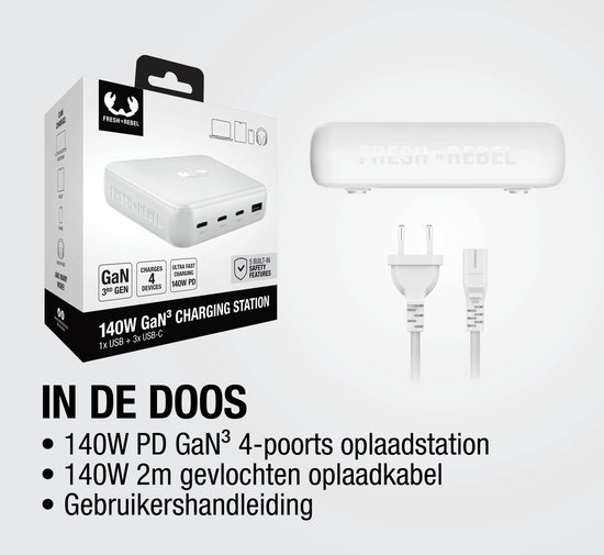 Verpakking, oplaadstation, stroomkabel en handleiding. Inhoud: 140W lader en 2m gevlochten kabel.