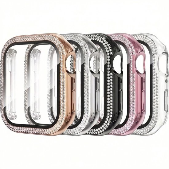 5 stuks Zwart transparant zilverkleurig roze en rosé goudkleurig smartwatch screenprotector met beschermhoes set geschikt voor Apple Watch 38 mm serie 1 / 2 / 3 PC case met dubbele rij strass steentjes