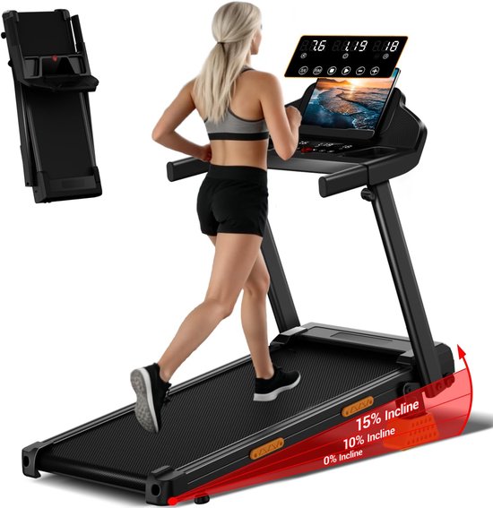 3-in-1 opvouwbare loopband met 15% hellingshoek, opvouwbare loopband 12 km/u voor thuisgebruik, 3 pk elektrische loopband, 180 kg draagvermogen, stille loopband voor kantoor en sportschool, 3-inch scherm en 12 programma's