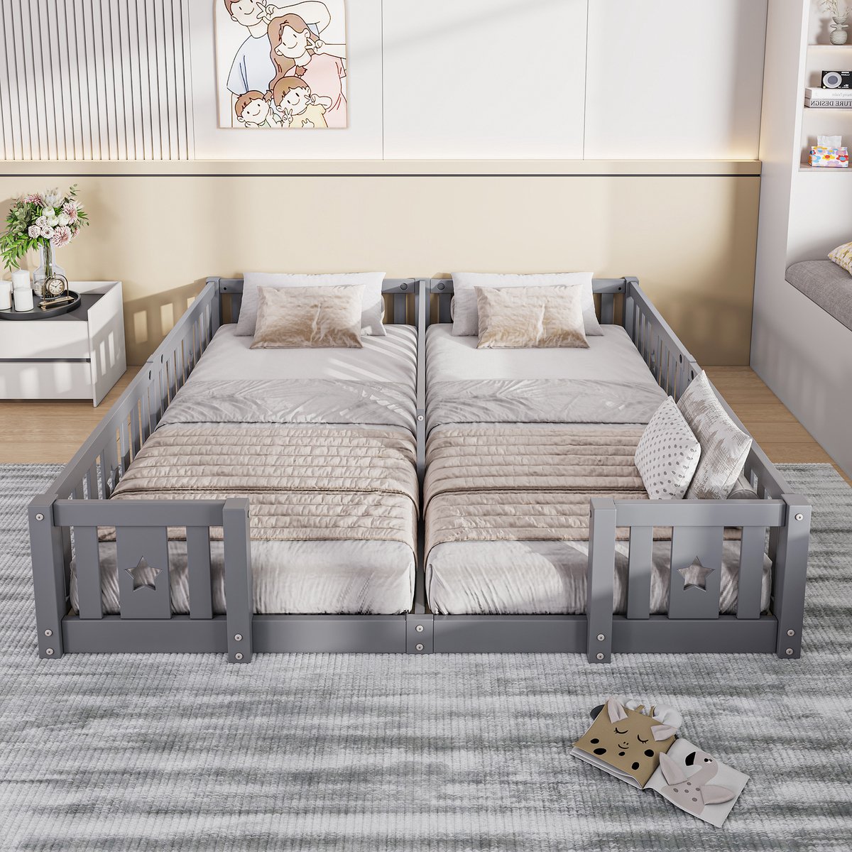 Montessori kinderbed, 90 x 200 cm, tweepersoonsbed, met veiligheidsdeur en lattenbodem, massief grenenhout, zwart, exclusief matras