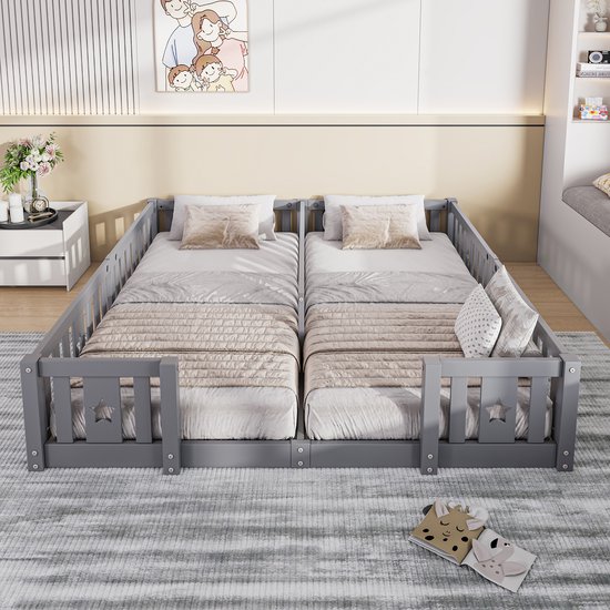 Montessori kinderbed, 90 x 200 cm, tweepersoonsbed, met veiligheidsdeur en lattenbodem, massief grenenhout, zwart, exclusief matras