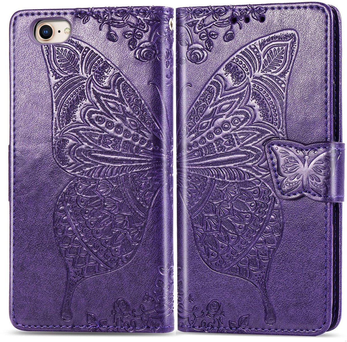 Mobigear Telefoonhoesje geschikt voor Apple iPhone 17e Hoesje | Mobigear Butterfly Bookcase Portemonnee | Pasjeshouder voor 3 Pasjes | Telefoonhoesje voor Pinpas / OV Kaart / Rijbewijs - Paars