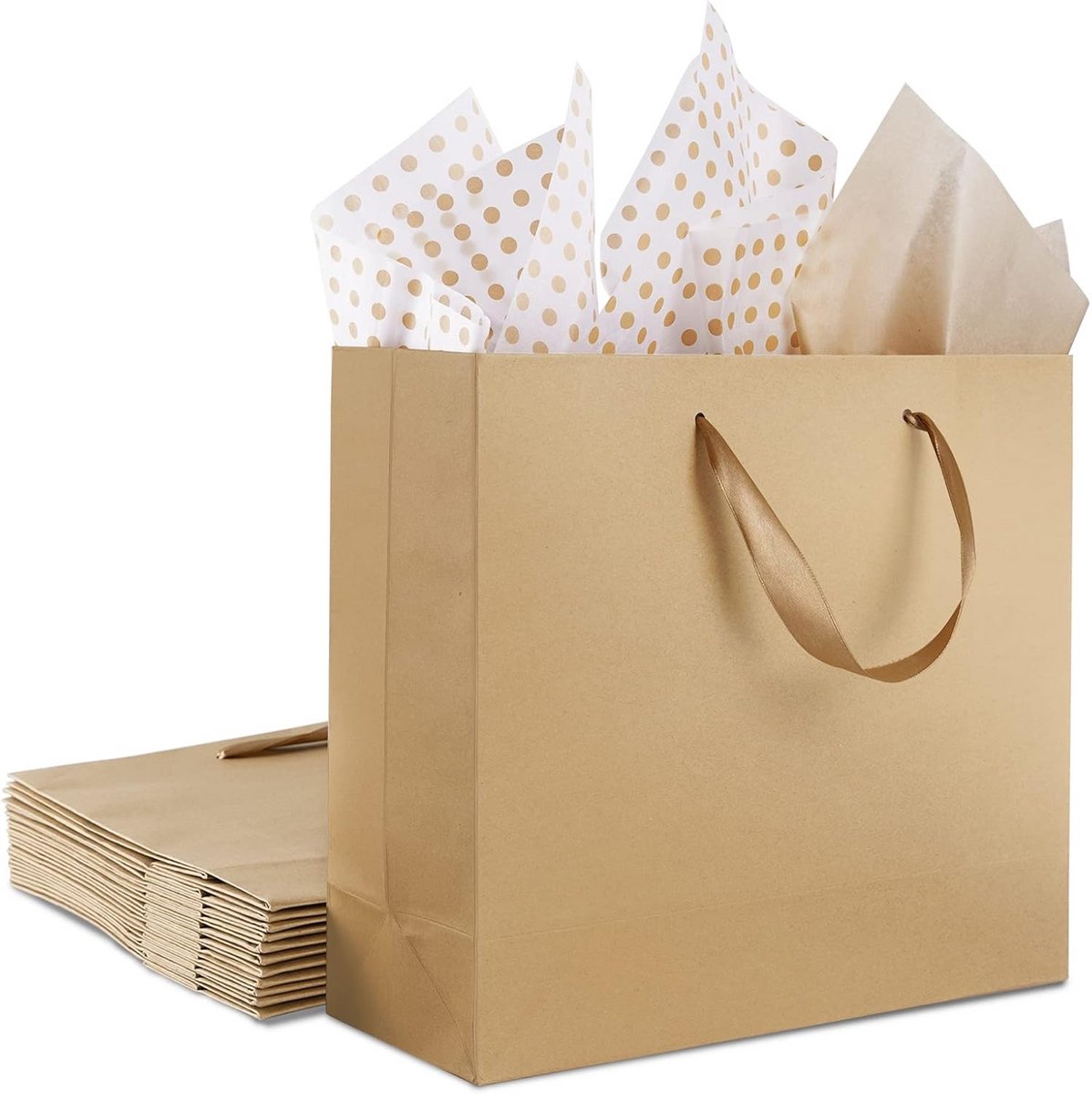 12x Grote Bruine Kraft Papieren Zakken met Handvatten en Tissuepapier - Cadeau & Winkel Tassen