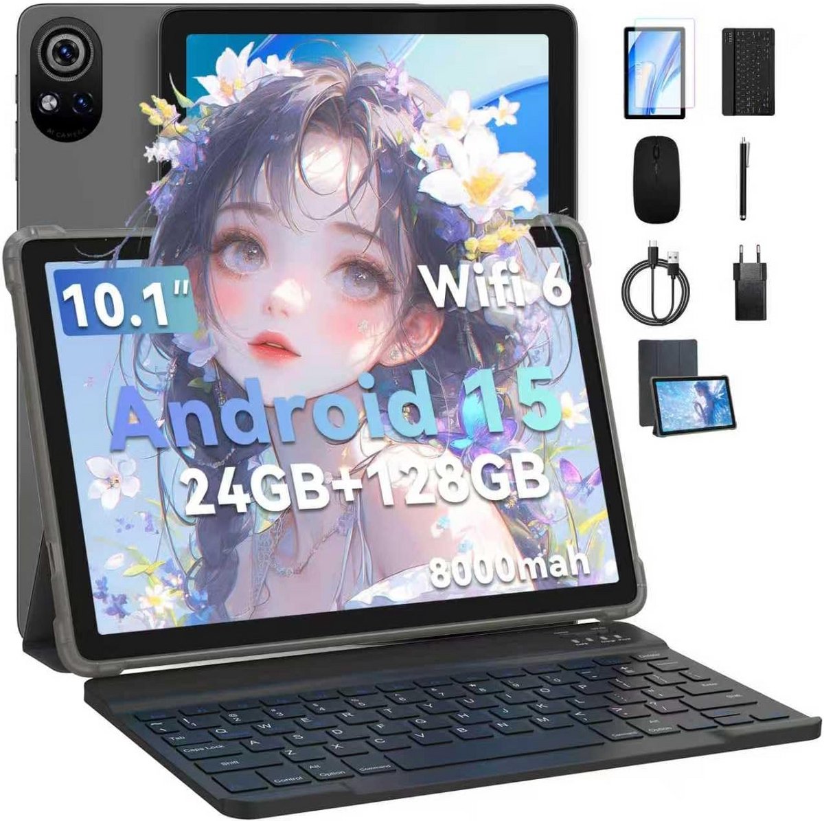 10 Inch Tablet met Toetsenbord, Muis, Stylus en Hoes - Android 15, 128GB Opslag