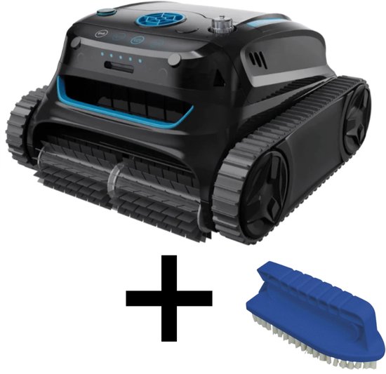 Zwarte Wybot zwembadrobot met blauwe bedieningsknoppen enindicatorlichtjes, naast een plus-symbool en een blauwe handborstel.