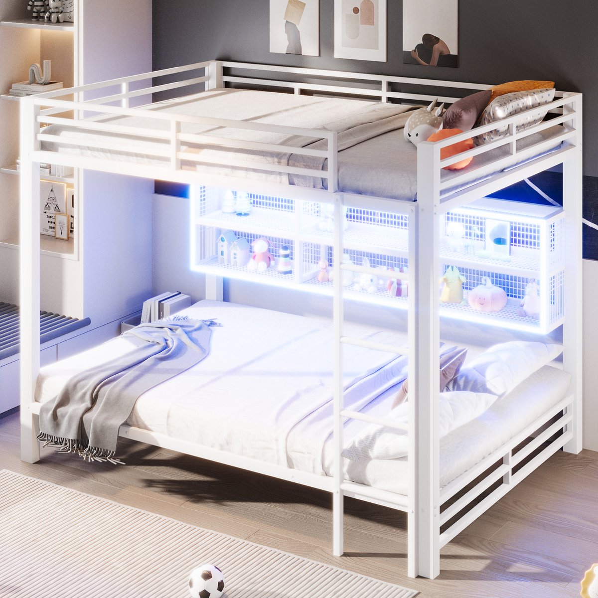 MODFU Bedframe stapelbed 140x200 cm van metaal, wit, met opbergkasten en LED-hoofdbord