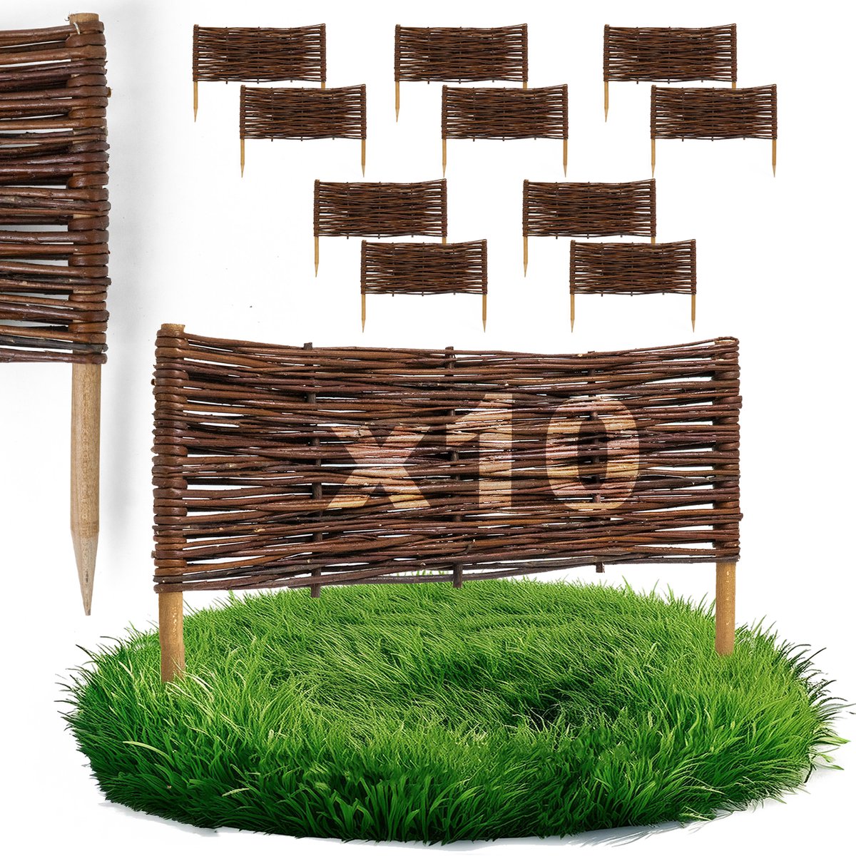 10 x BOGATECO bedrand van wilgenhout | 60 cm lang & 20 cm hoog | Houten schutting gazonrand | Wilgenhek insteekhekwerk