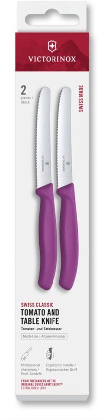 Victorinox Swiss Classic set met twee paarse gekartelde tomaten- en tafelmessen.