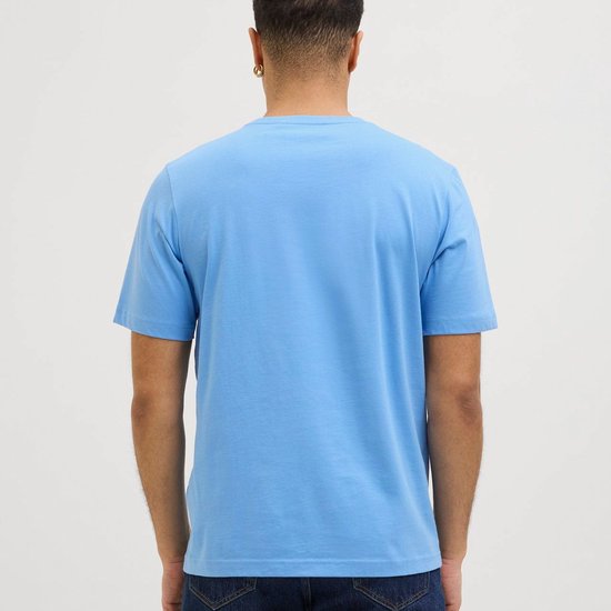 Achterkant van een blauwe T-shirt met ronde hals, gedragen door een man.
