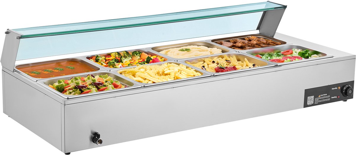 Commerciële voedselverwarmer, 1700 W elektrische roestvrijstalen stoombuffetverwarmer met glazen deksel, 8-pans aanrechtmodel bain-marie met soep- en geperforeerde pollepels, ideaal voor catering, restaurants en evenementen