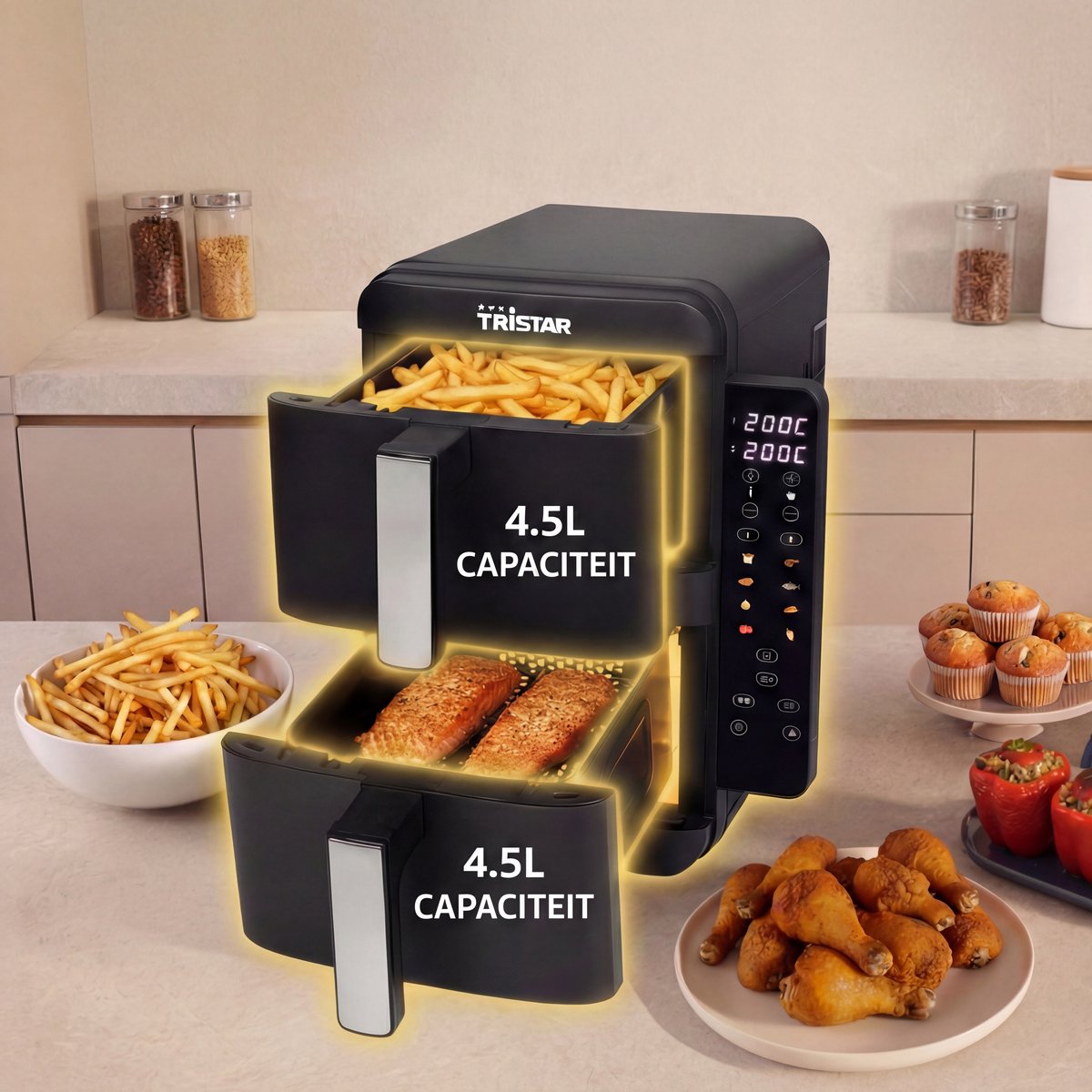 Tristar FR-9074 - Stack airfryer XXL - 9L - 2 onafhankelijke kookzones - Dubbele gestapelde lades - 8 kookprogramma's - 2400W - PFAS-vrij - Bespaart 45% Ruimte - 6 personen — afbeelding 2