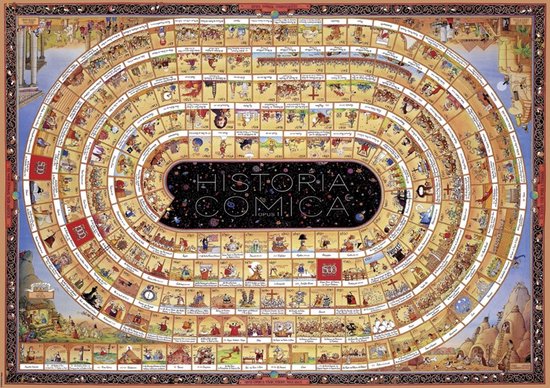 Legpuzzel "Historia Comica Opus 1" van Mario Degano, met gedetailleerde illustraties van historische gebeurtenissen.