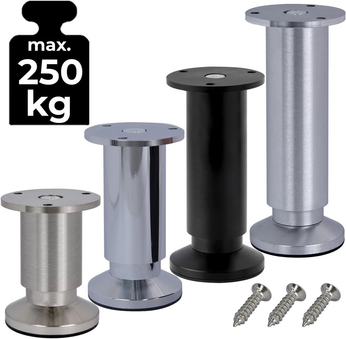 Set van 4 Verstelbare Metalen Meubelpoten - Geborsteld Aluminium - Diverse Hoogtes