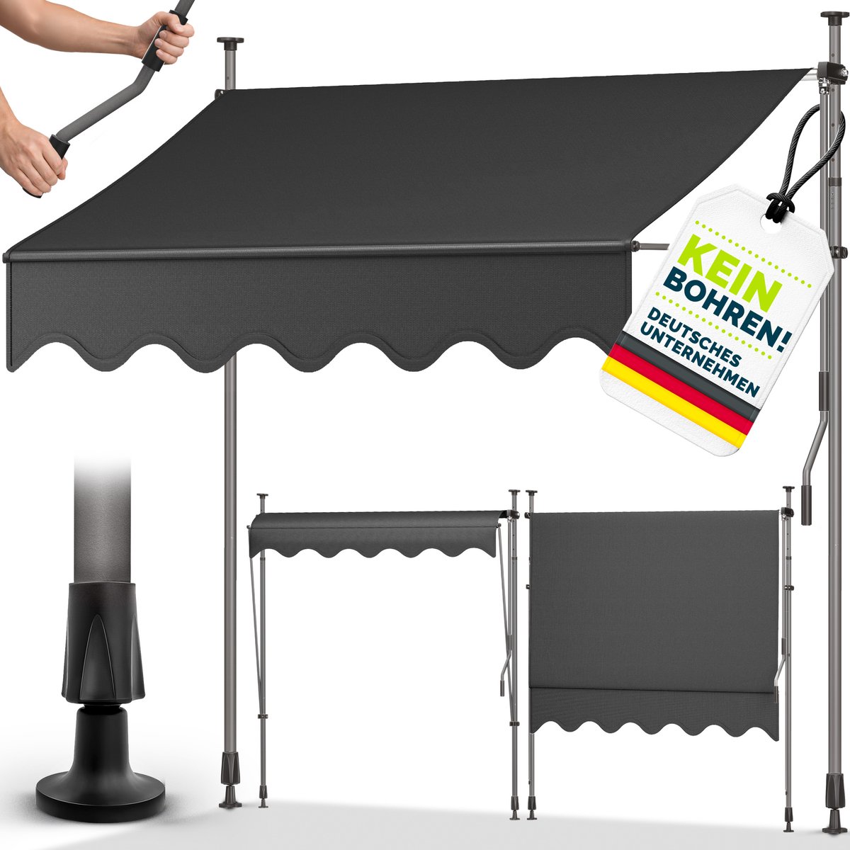 tillvex Klemluifel 400 cm grijs/wit met handslinger, voor balkon, balkonluifel zonder boren, luifel uv-bestendig en in hoogte verstelbaar, zonwering, waterdicht