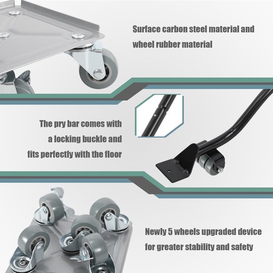 Hefstang met vergrendelingsgesp. Vernieuwde 5-wielige roller voor stabiliteit. Materiaal: koolstofstaal, rubber.