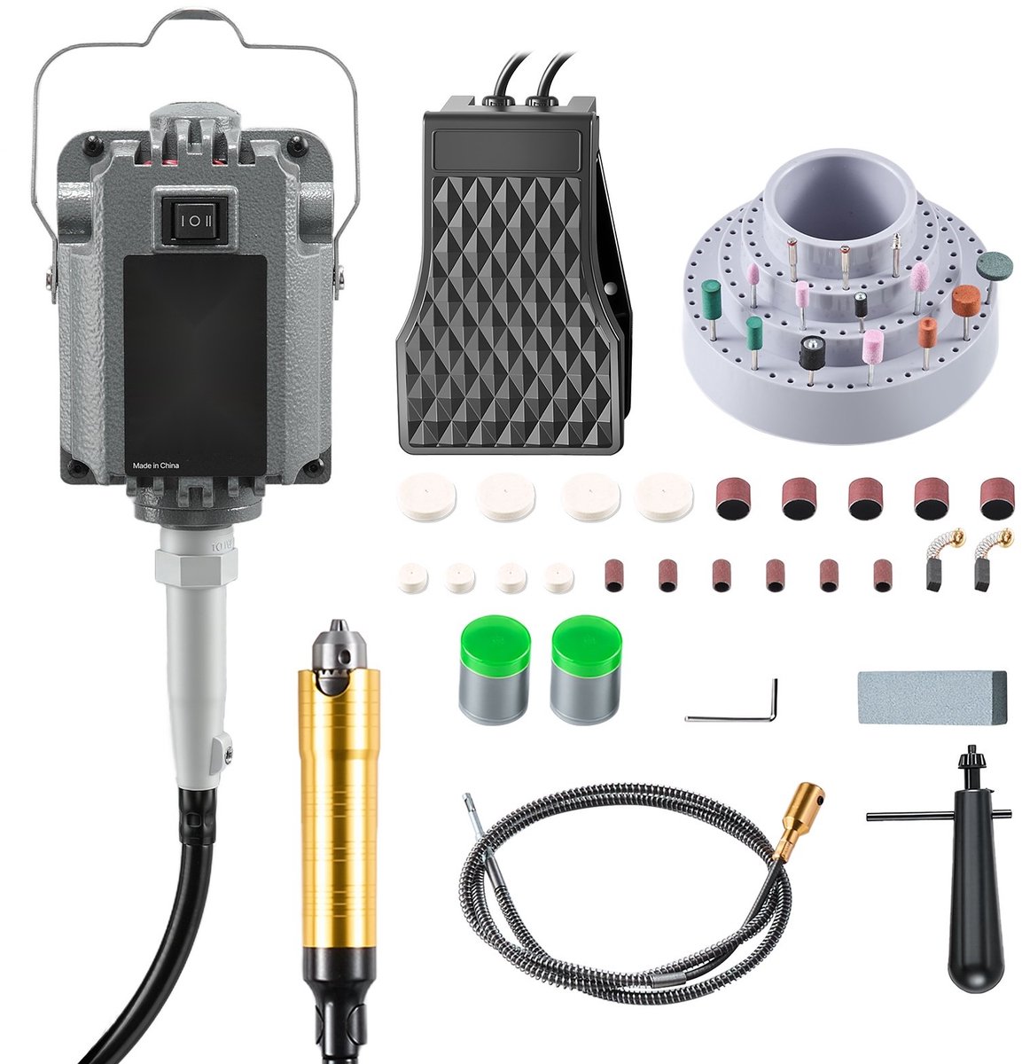 Roterende multitool / mini slijptol - Hangmotor met flexibele as - Vermogen 1200 W - Toerental 30.000 tpm - Voetpedaalbediening - Accessoireset 112-delig