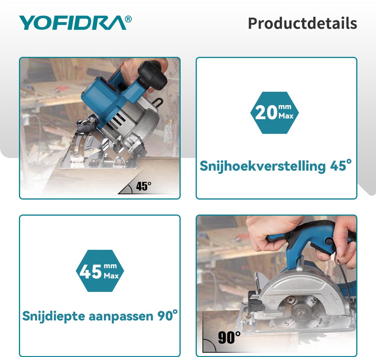 Yofidra Accu Cirkelzaag - 125 mm Borstelloze Cirkelzaag - met 2 Accu's & 3 zaagbladen - Accucirkelzaag - voor het zagen van tegels en hout – foto 8