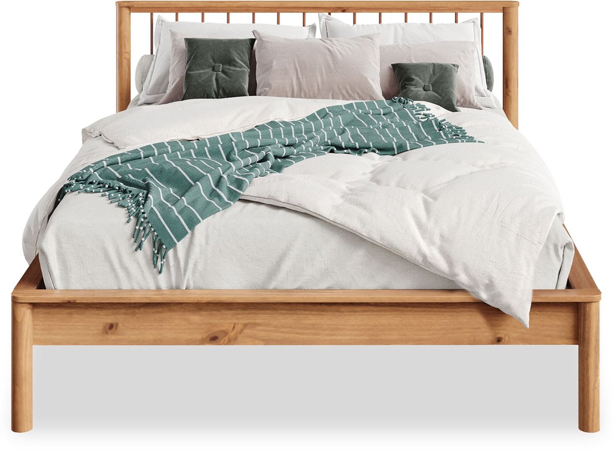 Massief houten bed APOANA tweepersoonsbed 140x200 cm in eikenkleur, hoofdbord met houten stijlen, incl. lattenbodem. Robuust & duurzaam gemaakt van dennenhout - hoofdbeeld sfeer