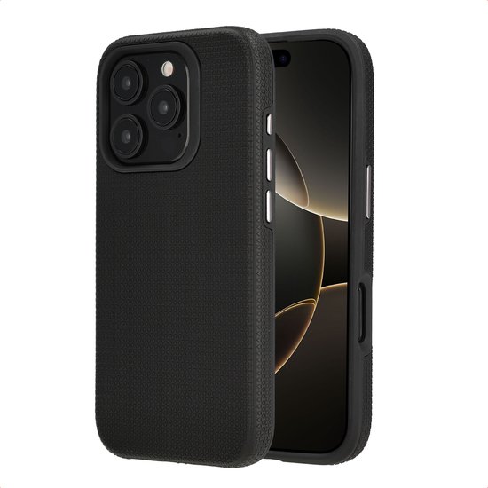 Coque de smartphone noire avec motif en relief, avec un module de lentille de caméra visible.