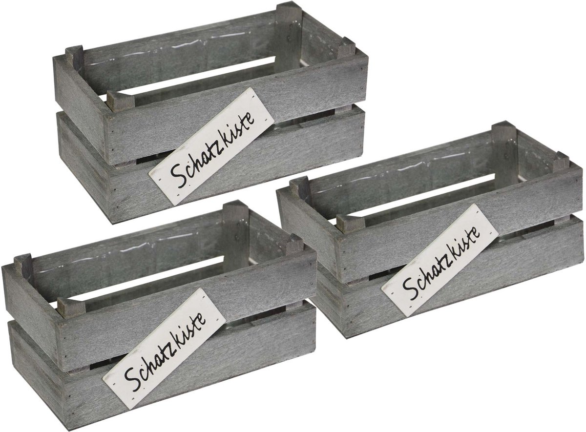 UNUS® Schatkist houten met kunststof inzet grijs 22x11x10 cm set van 3