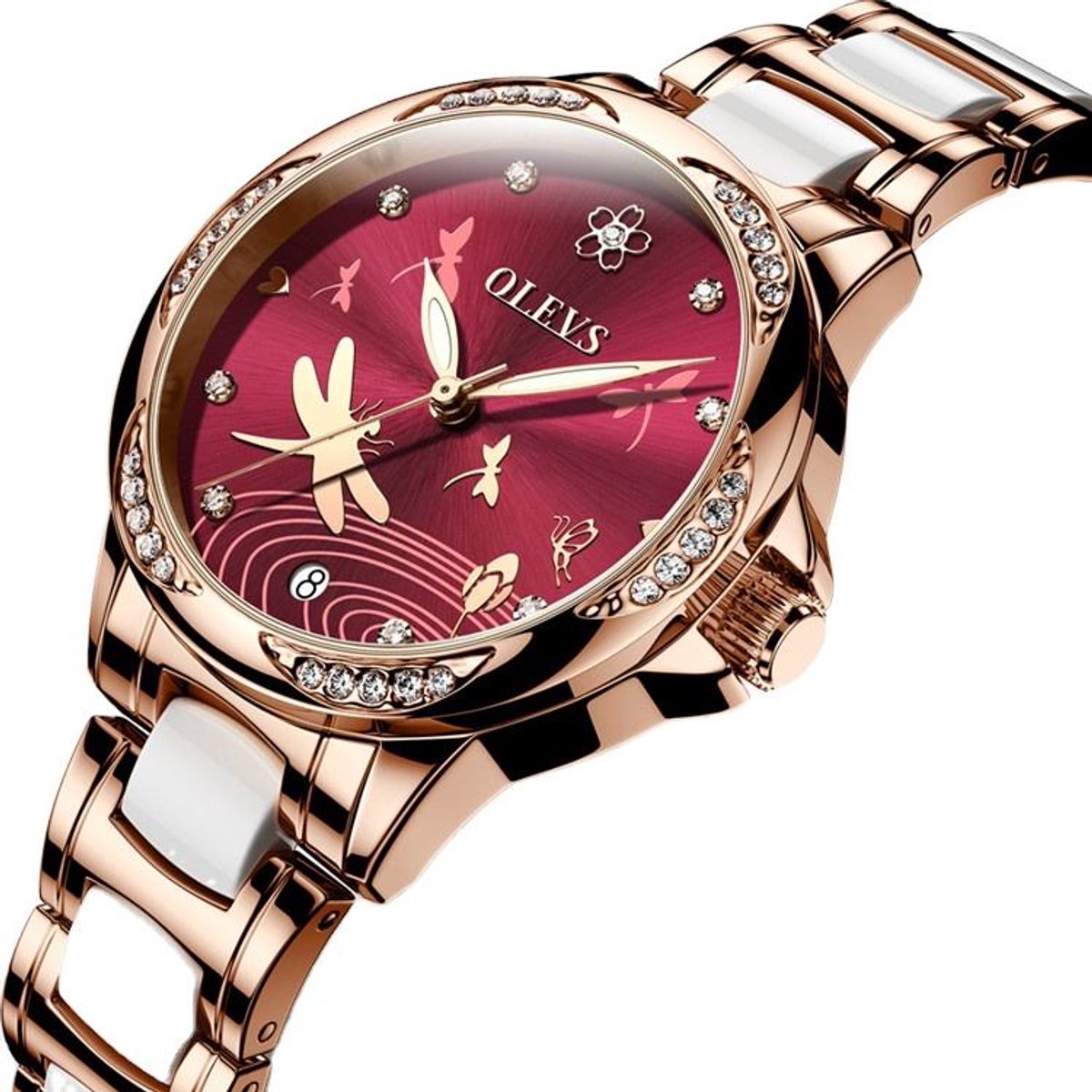 HO-6610.rs-ro : Olevs roségoudkl libelle tourbillon-mechanisch keramisch-edelstaal dames horloge, koperrode wijzerplaat, luminiscerend, kalenderdag, rhinestone