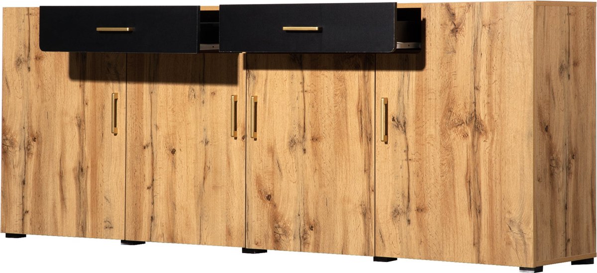 Merax Dressoir – Keukenkast en Opbergkast met 4 Deuren - 2 Lades en Veel Opbergruimte – 208x39,5x80 cm – Wit/Bruin – Geschikt als Buffetkast of TV-Meubel