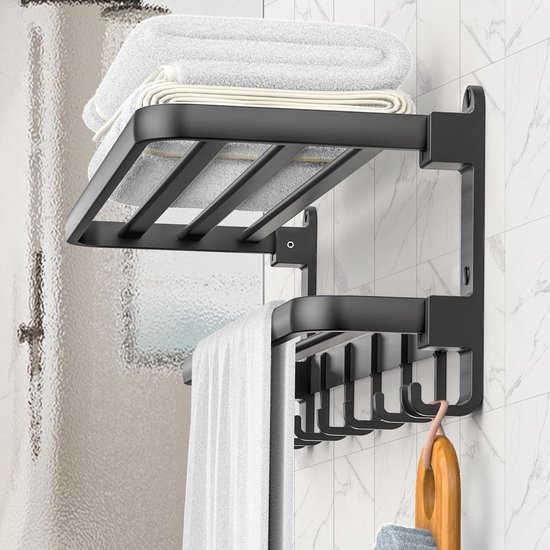 AIKER Verbeterde handdoekhouder, dik, versterkt en stabiel, 60 cm, 9 haken, badkamerrek, twee installatiemethoden, grijs