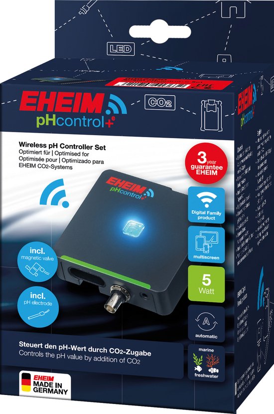 Doos van de EHEIM pHcontrol+e draadloze pH controller set met CO2-systeem, met 3 jaar garantie.