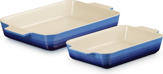 2 Stuks Keramische Ovenschalen Met Handvat - Vierkant 650ml Blauw En Groen