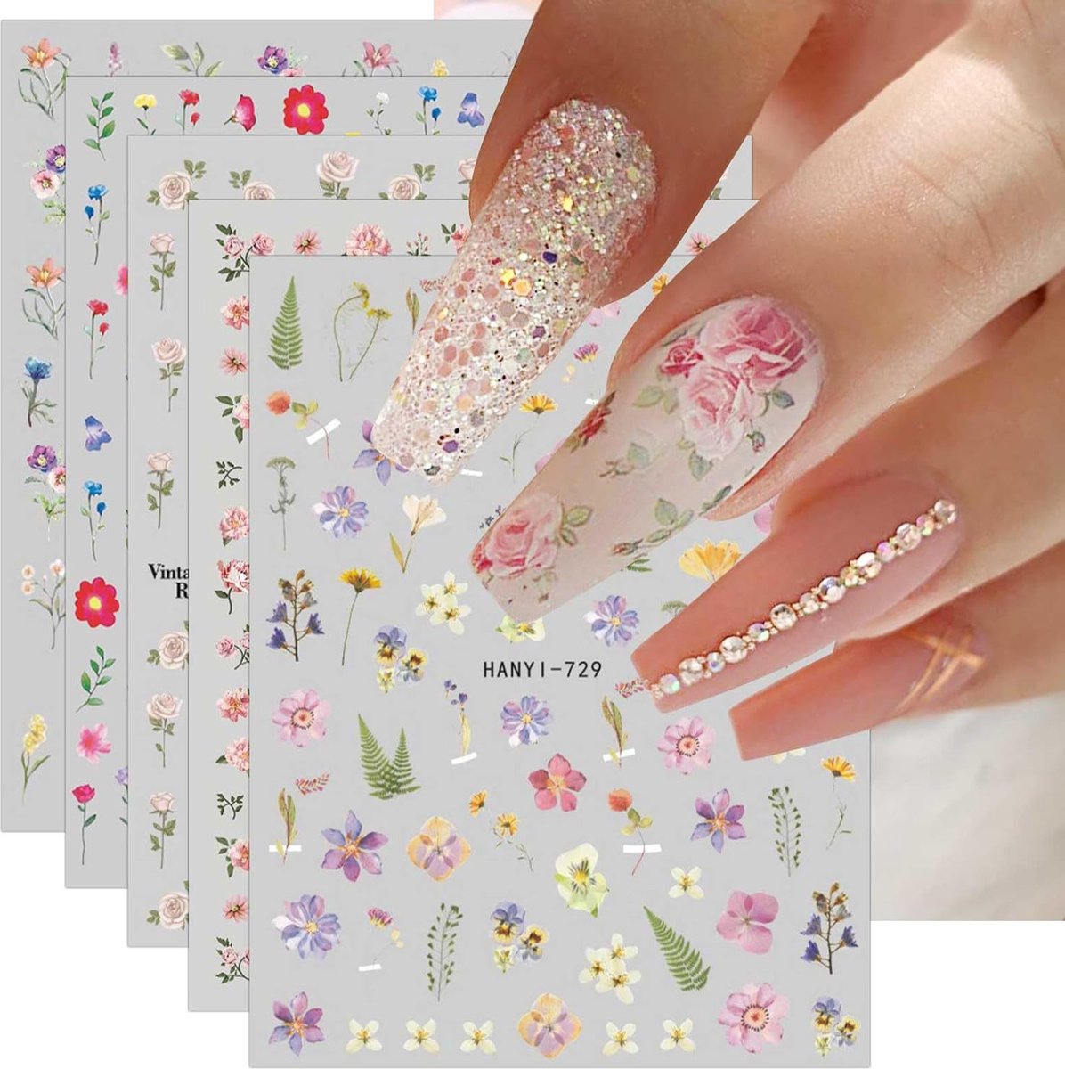 Elysee Beauty - 9 vellen nagelstickers – Bloemen stickers voor lente & zomer – Zelfklevende nagel decoratie – Flower nail stickers – Nail art set tools