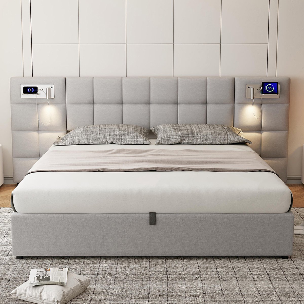 KOMHTOM Tweepersoonsbed 180x200 cm Hydraulisch bed met USB-poort draadloze oplader verlichte lamp Houten lattenbodem Linnen Grijs