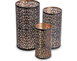 XL lantaarn zwart goud metaal, 30 + 25 + 20 cm, set van 3, oosterse lantaarns, lantaarn ornament als aantrekkelijke decoratie woonkamer grote kandelaar, uniek cadeau voor Kerstmis