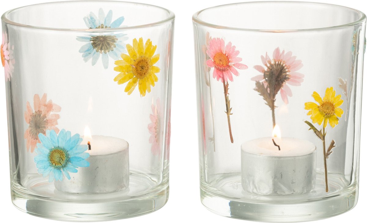 J-Line windlicht Posy - glas - transparant/mix - medium - 2 stuks Multi
