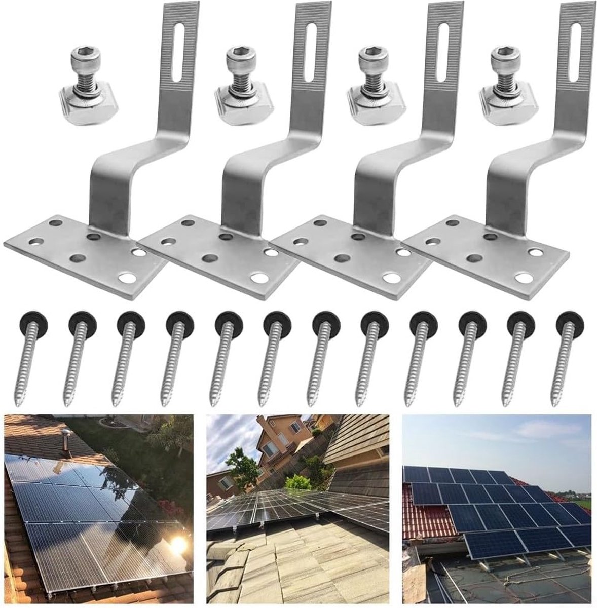 8x A2 dakhaken 3-voudig verstelbaar A2 roestvrij staal V2A PV fotovoltaïsche zonne-montage zonnepaneel dakhouder zonnemodule bevestiging set dakbeugel dakhaken dakkhaak 140 mm