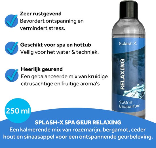 Fles Splash-X badparfum RELAXING 250ml. Voordelen: rustgevend, voor spa/hottub, heerlijk geurend. Mix van rozemarijn, bergamot, cederhout & sinaasappel.
