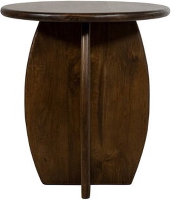 Kleine, ronde donkerbruine bijzettafel met een centrale, ovale voet.