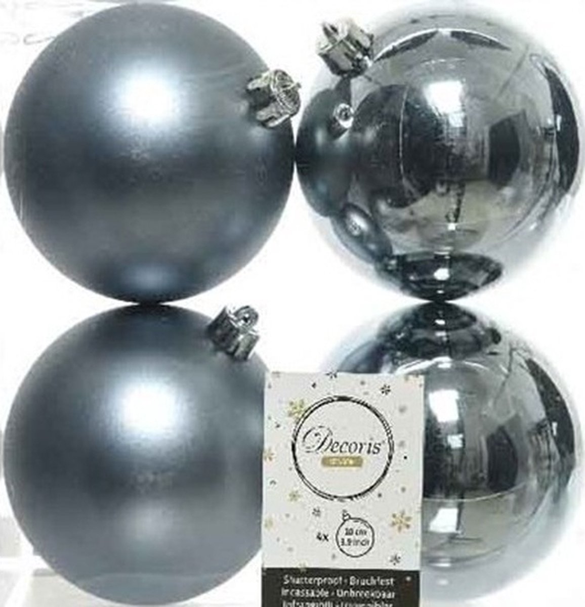 Grijze en blauwe kunststof kerstballen set van 4, D10 cm, merk Decoris - kerstversiering