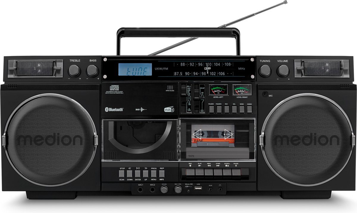MEDION P66538 Cassetterecorder (retro boombox met cd-speler, jaren 80, groot, USB, SD, cd, cassette MC, DAB+ radio telescopische antenne, Bluetooth, cassettedeck, opnamefunctie, werkt op batterijen)