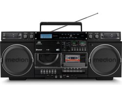 MEDION P66538 Cassetterecorder (retro boombox met cd-speler, jaren 80, groot, USB, SD, cd, cassette MC, DAB+ radio telescopische antenne, Bluetooth, cassettedeck, opnamefunctie, werkt op batterijen)