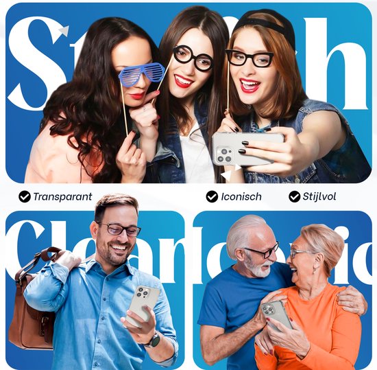 Transparante, iconische en stijlvolle hoes gedragen door vrouwen die selfies maken en mannen met telefoons.