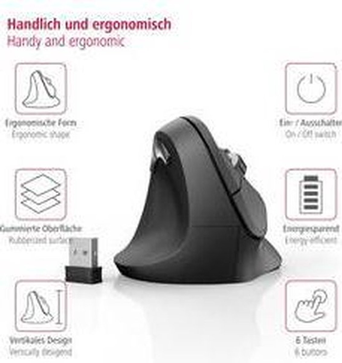 Hama EMW-500L - Draadloze ergonomische muis - 6 knoppen - 2.4 GHz RF - Zwart thumbnail 4
