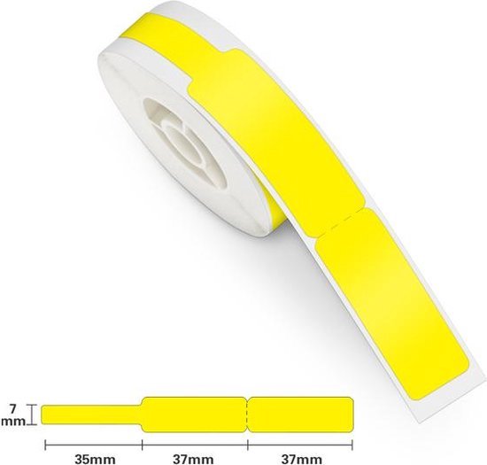 Gele etiketten met afmetingen 7mm, 35mm, 37mm en 37mm.