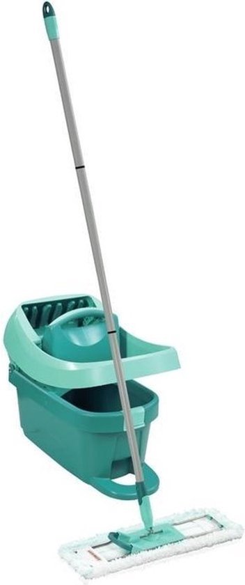 Serpillère turquoise avec tête de nettoyage de 42 cm et seau turquoise à roulettes.