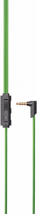 Groene audiokabel met een 3,5 mm plug en een inline volumeregelaar.