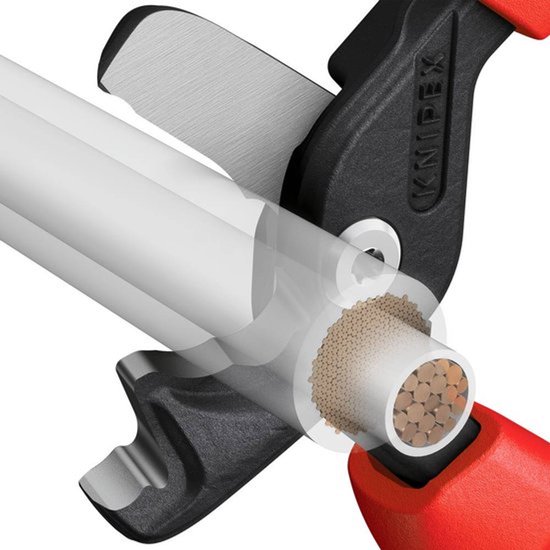 Gedetailleerde weergave van een kabel doorsnede met koperen aders, wordt door een zwarte tang met rode handvatten afgesneden.