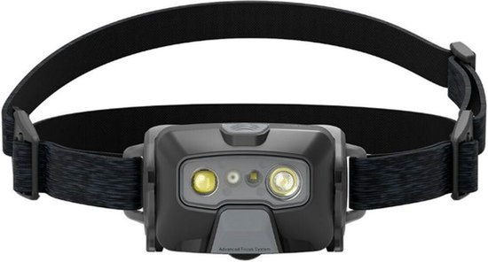 Zwarte hoofdlamp met twee lampjes en een verstelbare band. Tekst 'Advanced Focus System'.