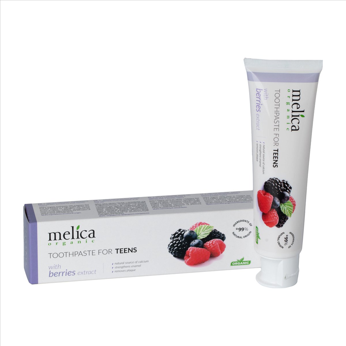 MELICA ORGANIC Biologisch 99% Natuurlijke BERRY MIX TIENERS 14+ BIO TANDPASTA met BESSEN MIX EXTRACT, XYLITOL en KALIDENT- CALCIUM zonder Fluoride, SLS, SLES, parabenen, antiseptica 100ml