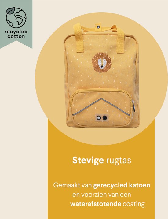 Gele rugzak met witte spikkels, geborduurd leeuwengezicht, gerecycled katoen en waterafstotende coating.
