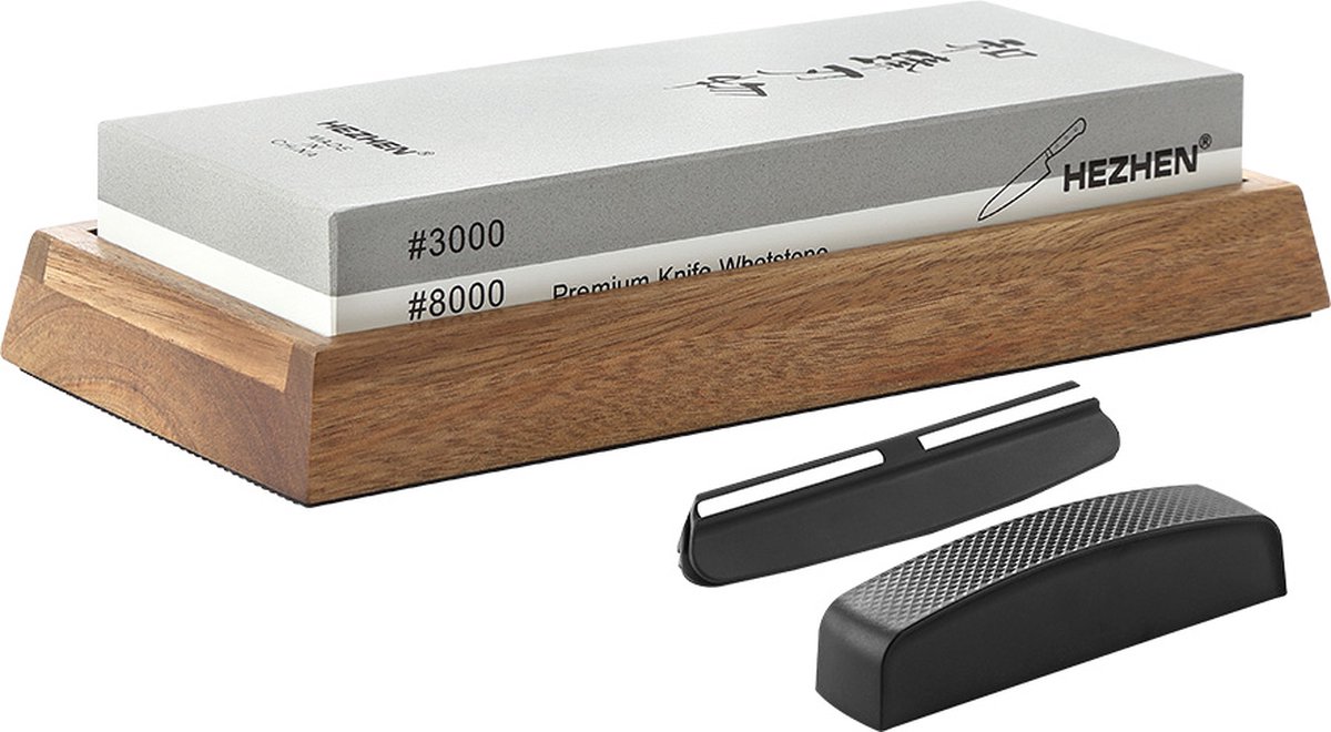 HEZHEN - Professionele Slijpsteen van wit Korund - Dubbelzijdige korrel 3000/8000 - Met Bamboe anti-slip houder, hoekgelijder en corrector