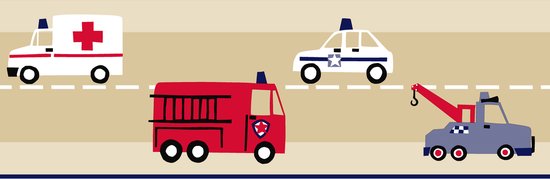 Behangrand met een rij van een ambulance, brandweerauto, politieauto en takelwagen.